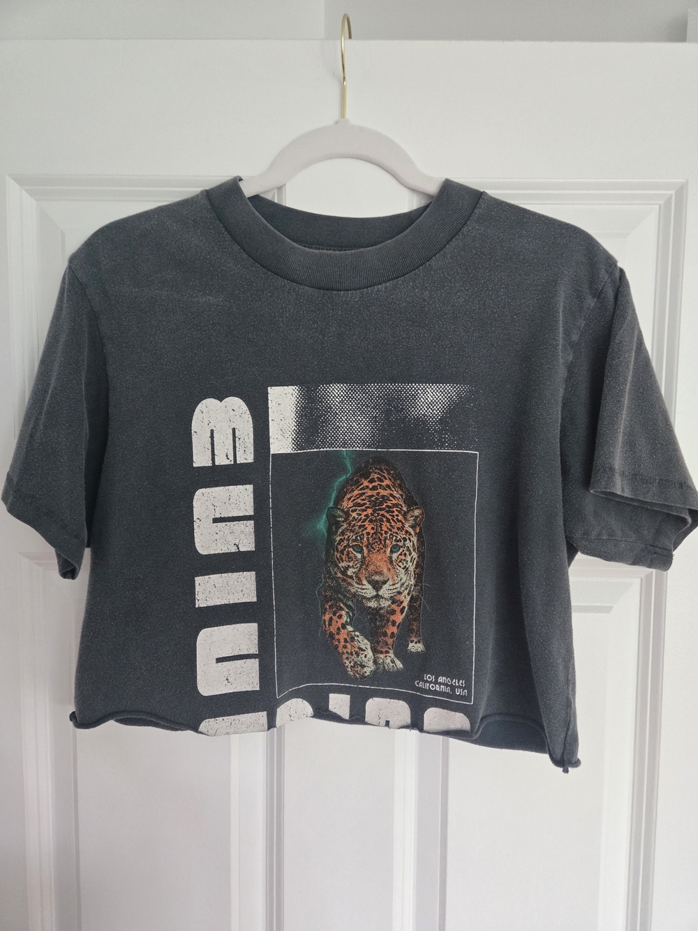 Anine Bing Charcoal Gray Leopard Graphic Cropped Tee